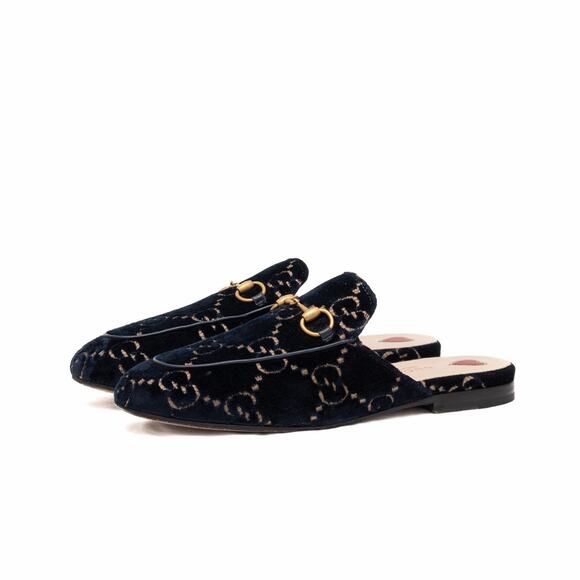 Gucci Princetown GG Monogram Blue Velvet Horsebit Mule Slides Navy 37 US7 - Picture 2 of 16